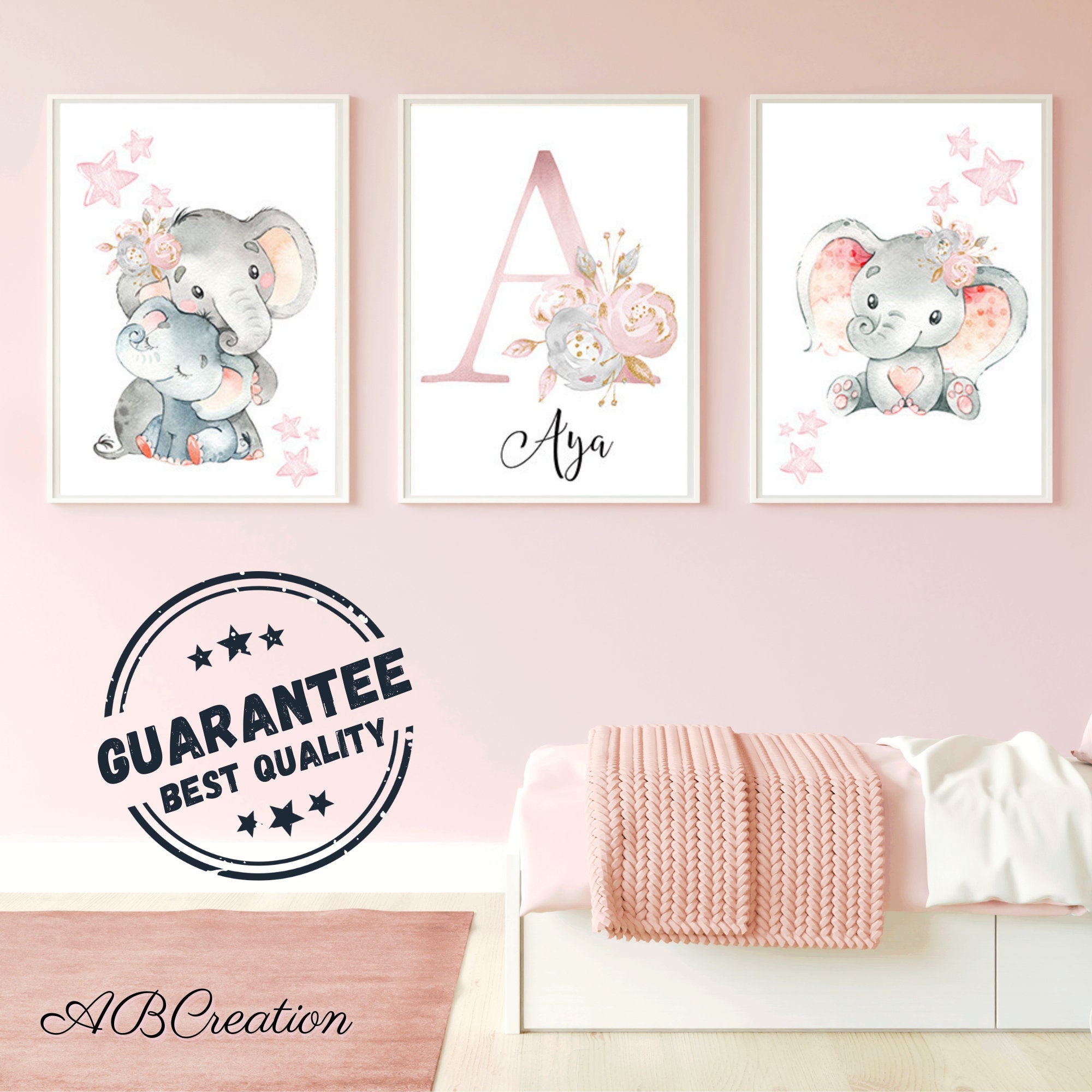 Set 3 Affiches Eléphant Cadeau de Naissance Personnalisé - Triptyque Décoration Chambre Bébé Fille E