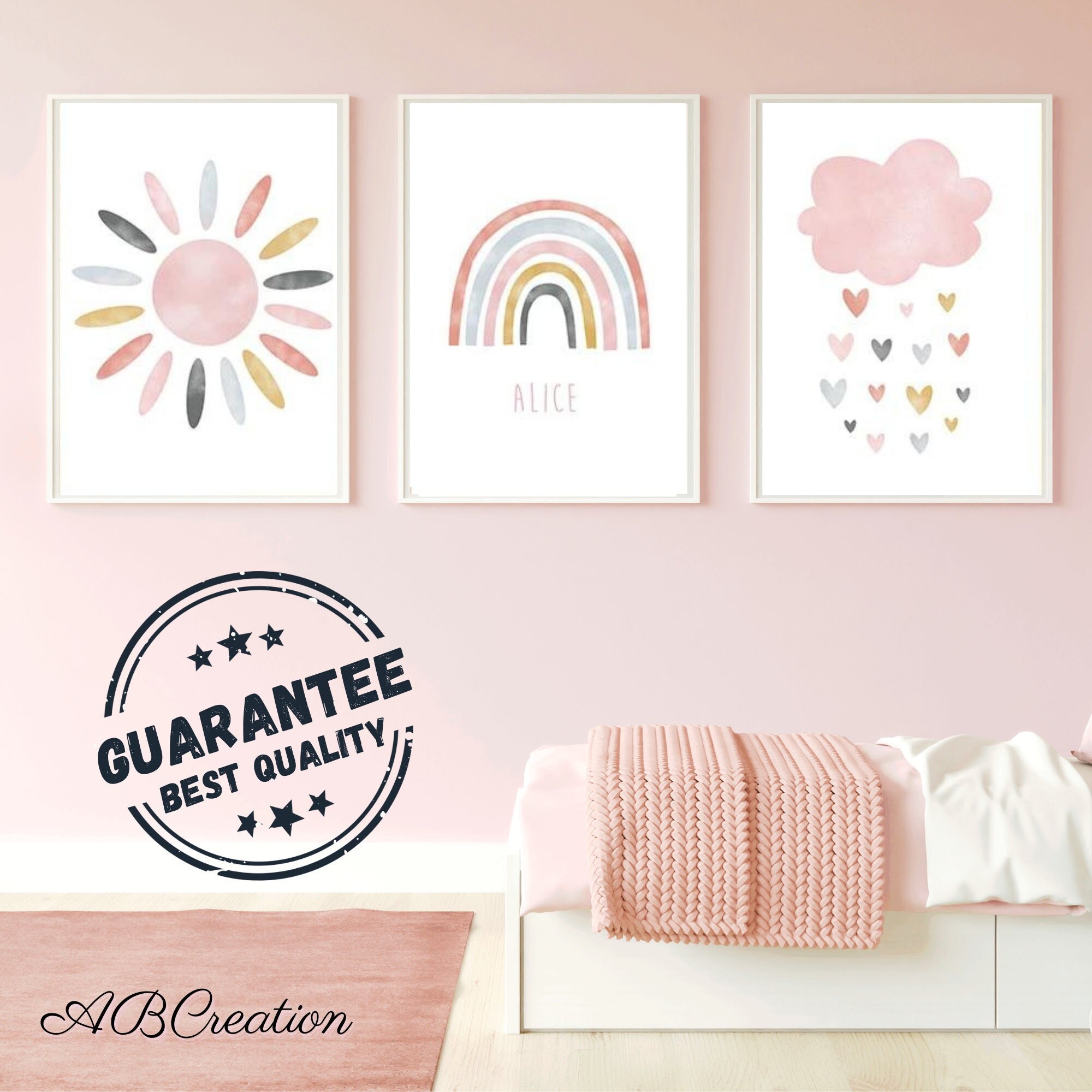 Set 3 Affiches Personnalisées Naissance Style Boho Décoration Chambre Bébé Triptyque Arc-En-Ciel Nua