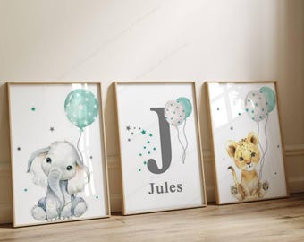 Savannah Baby and Child Room Decoration - Set of 3 Canvases with Personalized First Name - Lion and Elephant Child Poster - Safari Animals Balloon