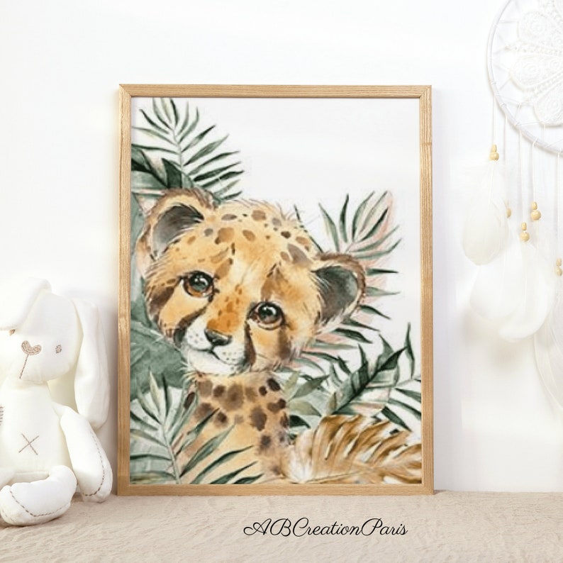 Affiche guepard avec feuillage dore