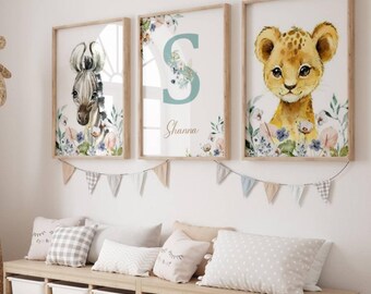 Baby and Child Room Decoration on the Theme of Savannah Animals - Animal Triptych - Mixed Room Poster - Birth Gift