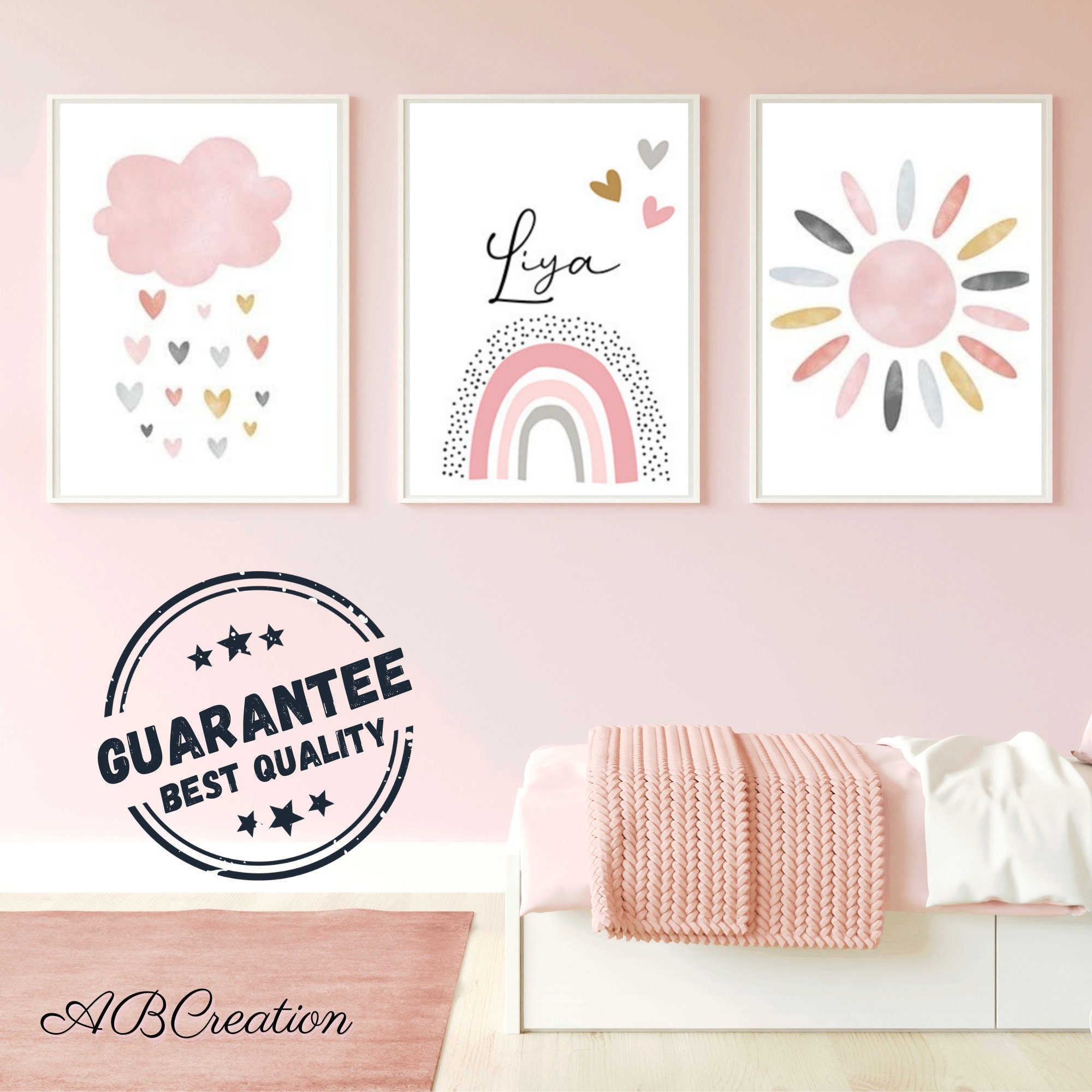 Set 3 Affiches Personnalisées Naissance Style Boho Décoration Chambre Bébé Triptyque Arc-En-Ciel Nua