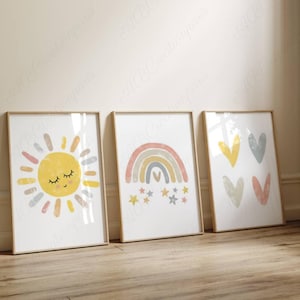 Set di 3 poster pastello - Decorazione per la cameretta delle bambine - Disegno di nuvole, sole, arcobaleno, cuori colorati, pittura