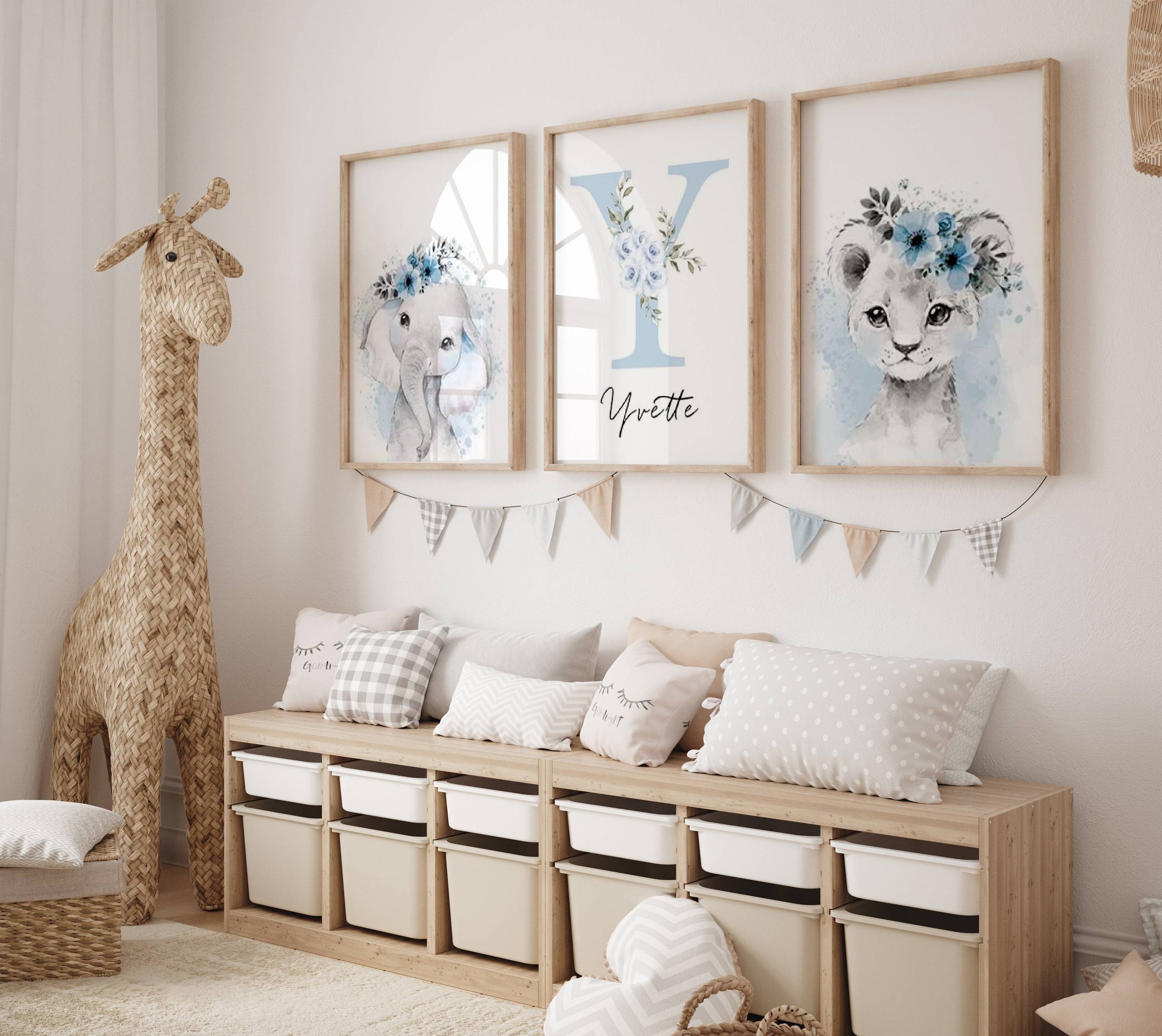 Children's Room Decoration Savannah Theme - Set of 3 posters - Personalized First Name Birth Gift - Savannah Animals Triptych