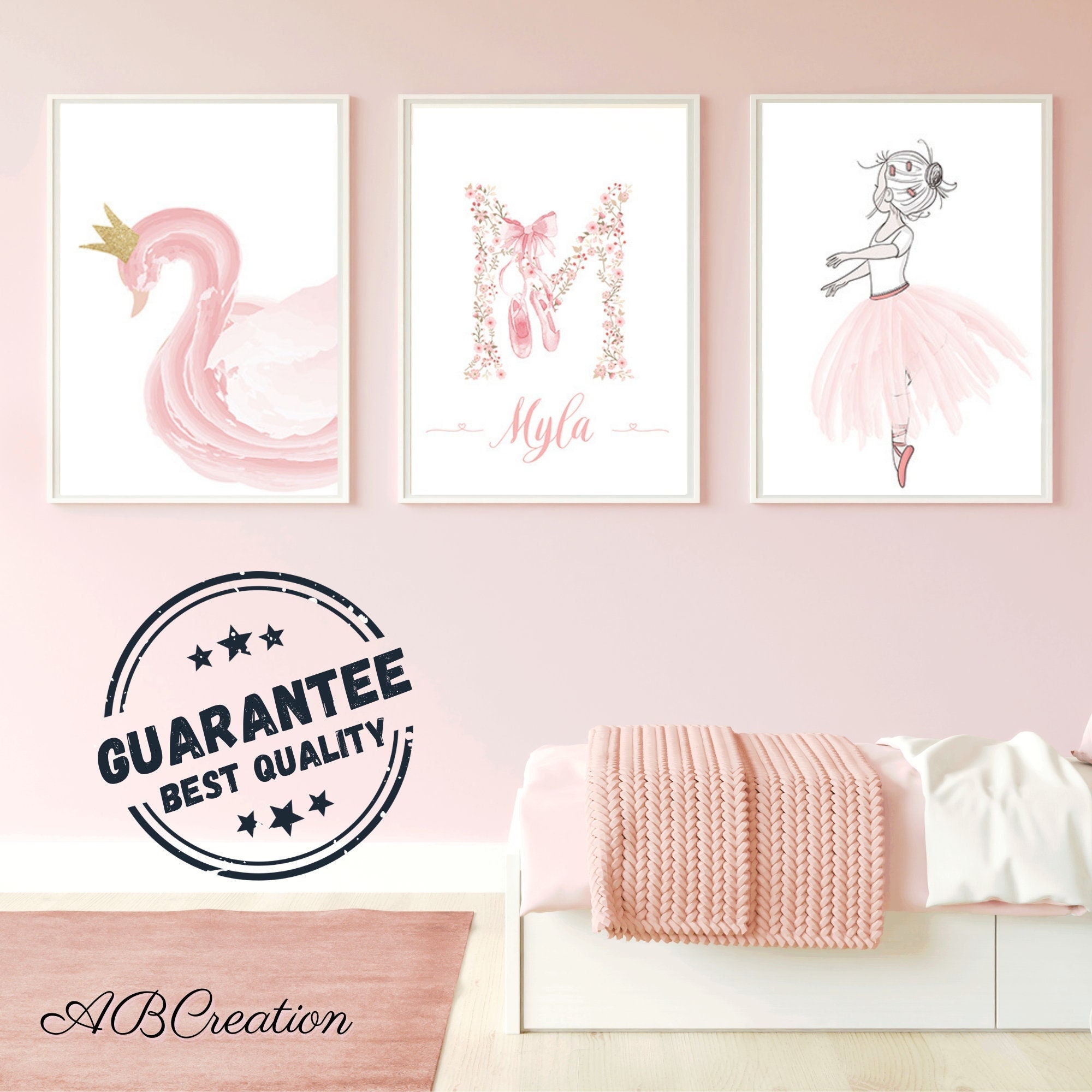 Set 3 Affiches Personnalisée Cadeau de Naissance - Triptyque Motif Danseuse Cygne Décoration Chambre