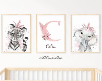 Pink Savane Children's Room Posters - Baby Girl Birth Gift - Personalized Triptych with Animals and First Name - Wall Picture