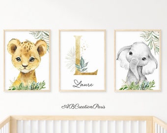 Set 3 Animal Theme Posters - Personalized Wall Art - Baby and Child Room Decoration - Savanna Animals Poster - Poster to Frame