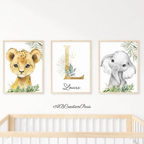 Set 3 affiches Thème Animaux - Art Mural Personnalisé- Décoration Chambre Bébé et Enfant - Poster Animaux de la Savane - Affiche à Encadrer