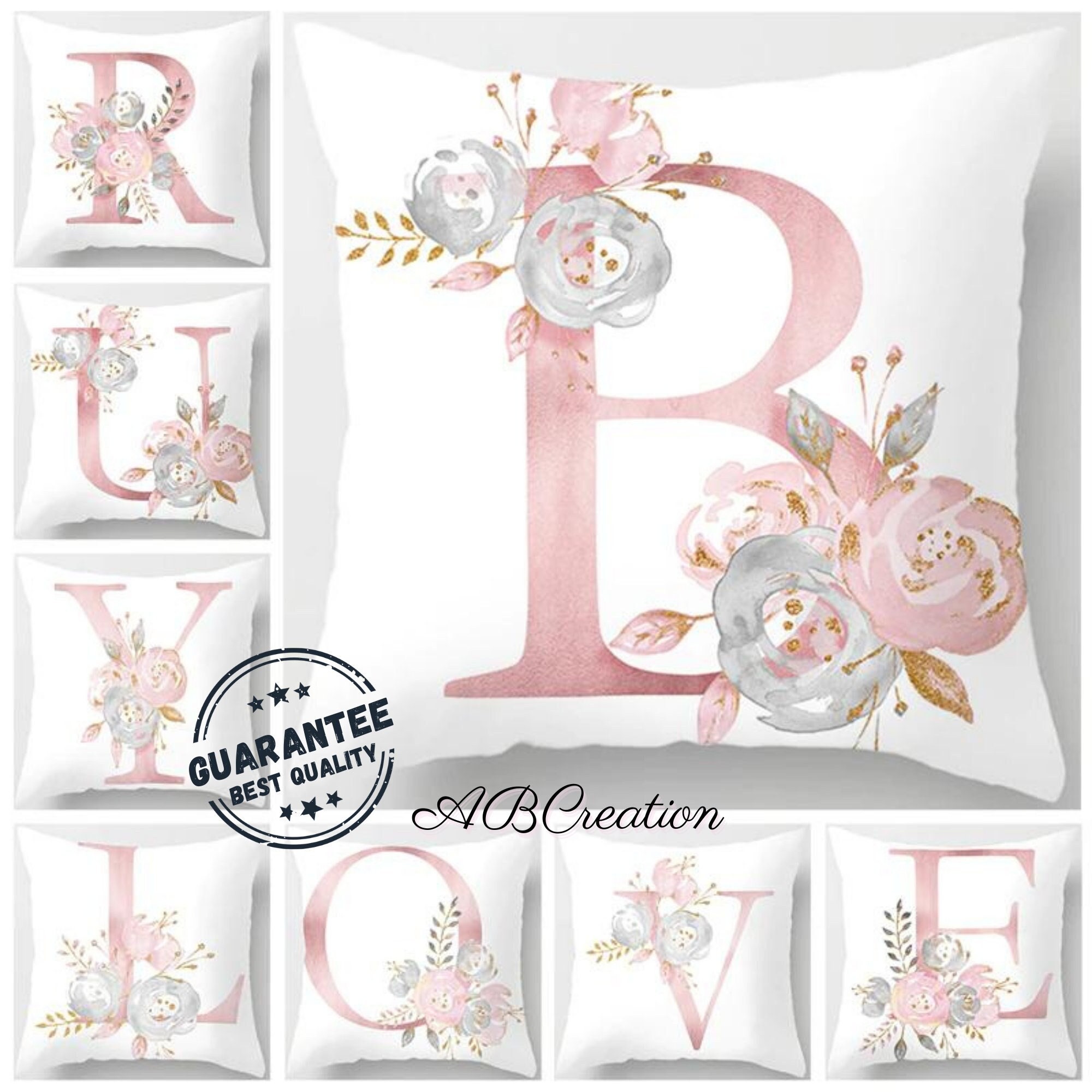 Housse de Coussin Initiale Ornement Fleurs- Decoration Florale Chambre Bebe - Cadeau Naissance Perso