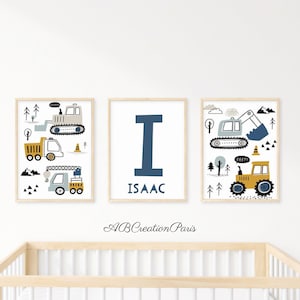 Babyzimmer-Poster zum Thema Fahrzeug – Set mit 3 Leinwänden mit personalisiertem Vornamen – Geschenk zur Geburt eines Jungen – Rahmen Auto
