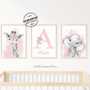 Set 3 Personalized Child Posters - Birth Gift - Baby Room Decoration - Lion Giraffe Elephant Zebra Flower Pattern Pink Floral