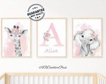Set of 3 Personalized Children's Posters - Baby Shower Gift - Nursery Decor - Lion, Giraffe, Elephant, Zebra, Floral Pink Pattern