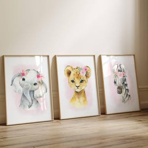 Decoración para habitación de bebé y niña - Juego de 3 pósteres personalizados - Regalo de nacimiento con nombre - Animales de la selva con flores