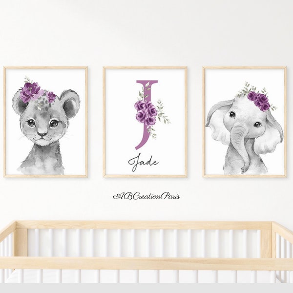 Set 3 affiches Personnalisées Enfant - Cadeau de Naissance -Décoration Chambre Bébé - Lion Girafe Elephant Zèbre Motif fleurs Florale Violet