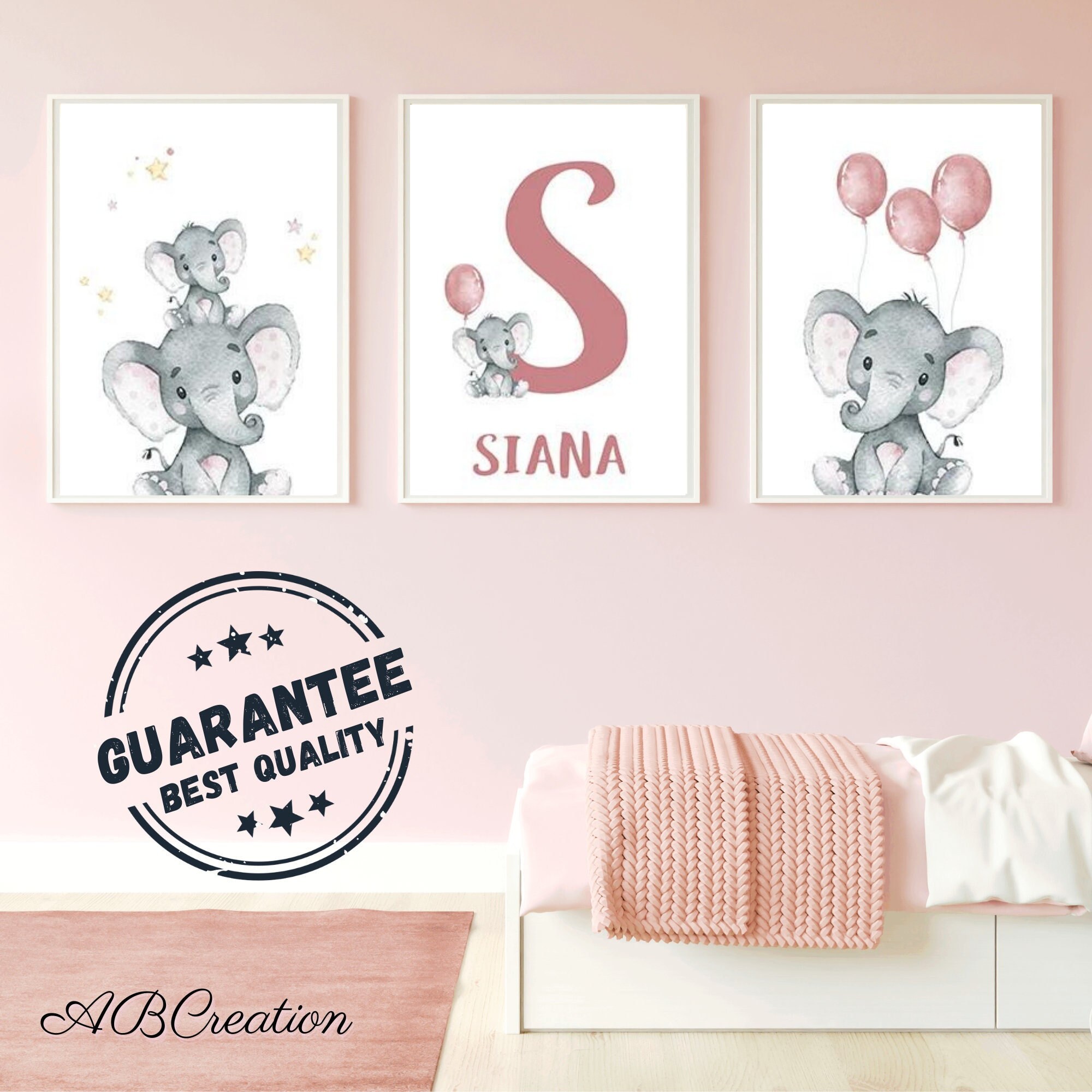 Set 3 Affiches Personnalisées Décoration Chambre Bébé - Initiale Prénom Eléphant Fille Animaux de La