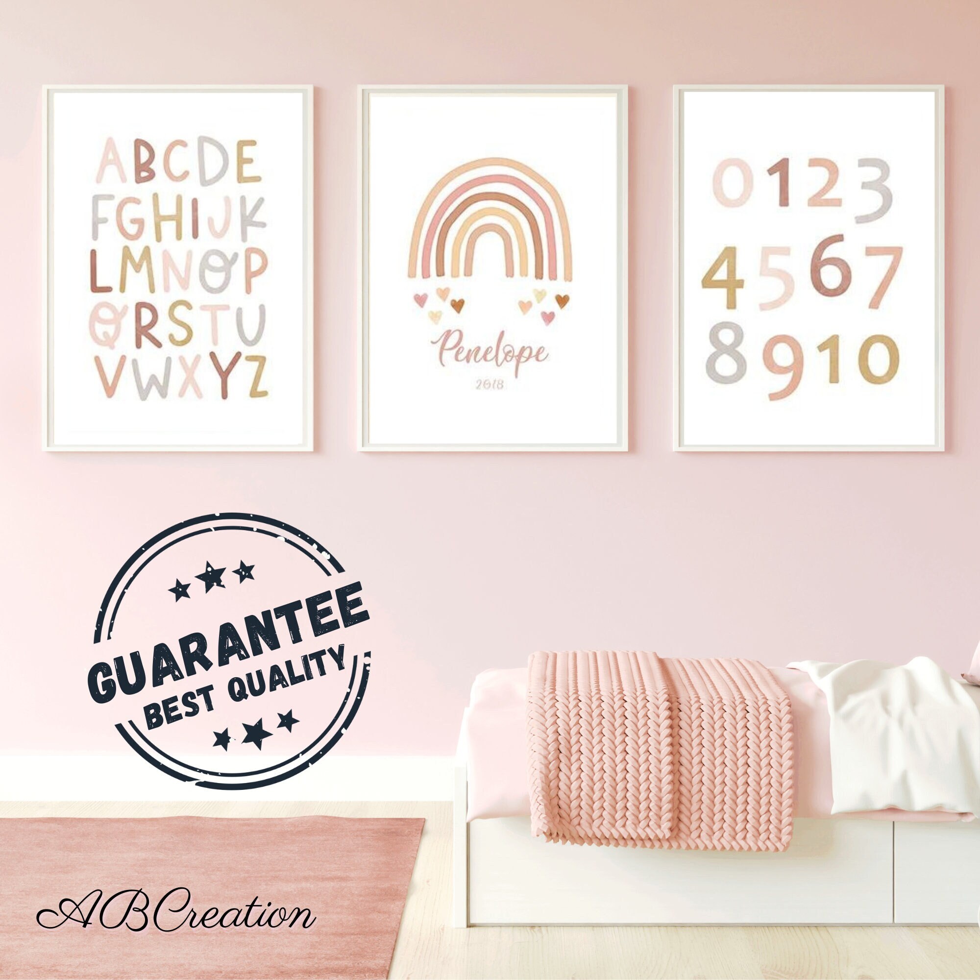 Set 3 Affiches Personnalisées Abécédaire Style Boho Nordique Décoration Chambre Bébé Arc-En-Ciel Ter