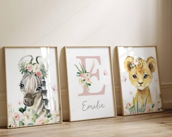 Set of 3 Personalized First Name Posters - Children's Room Decoration - Birth Gift - Baby Girl Room Poster - Jungle Animals