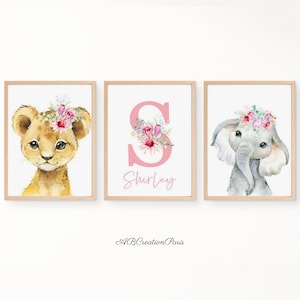 Cartel de animales de la selva - Decoración personalizada de la habitación de los niños - Regalo de nacimiento de la niña - Cartel de la habitación del bebé Safari