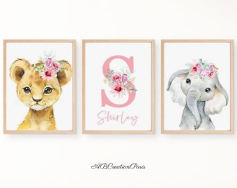 Décoration Chambre Enfant - Set 3 Affiches Personnalisées  - Cadeau de Naissance - Poster Chambre Bébé Fille- Affiche Animaux de la Jungle