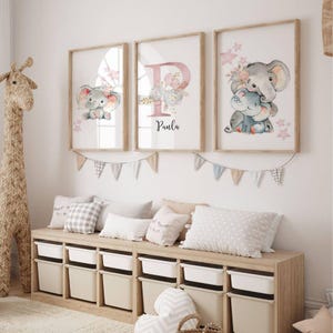 Juego de 3 carteles de elefantes personalizados como regalo de nacimiento - Tríptico para decoración de habitación de niña - Estrella rosa