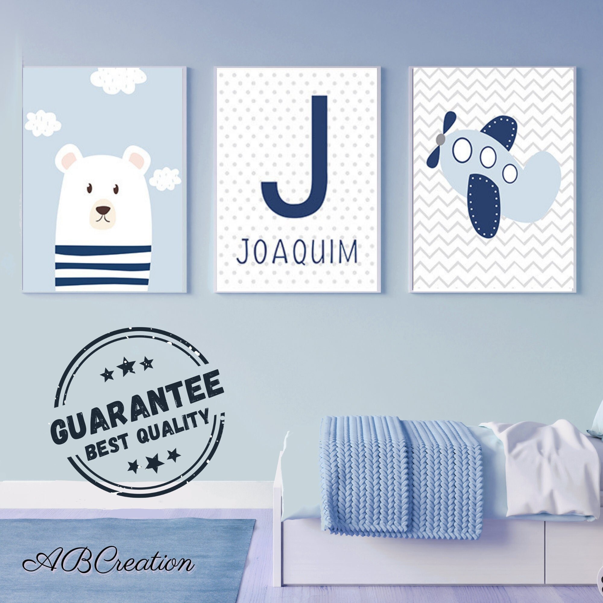 Set 3 Affiches Personnalisée Cadeau de Naissance Garçon - Motif Voiture Ourson Avion Décoration Cham