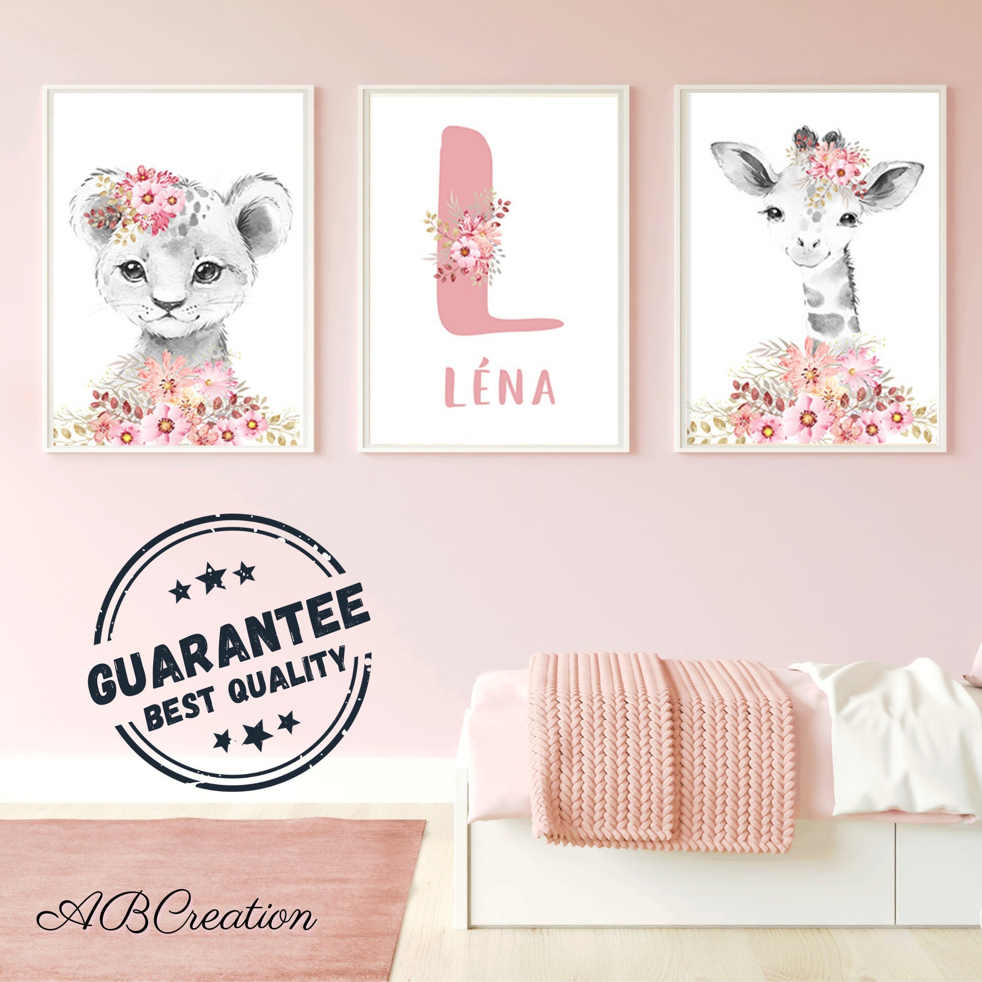 Posters Décoratifs Chambre Enfant Artpin - Lot De 4 A4 Animaux Jungle (fille, Gris/rose, Sans Cadre)