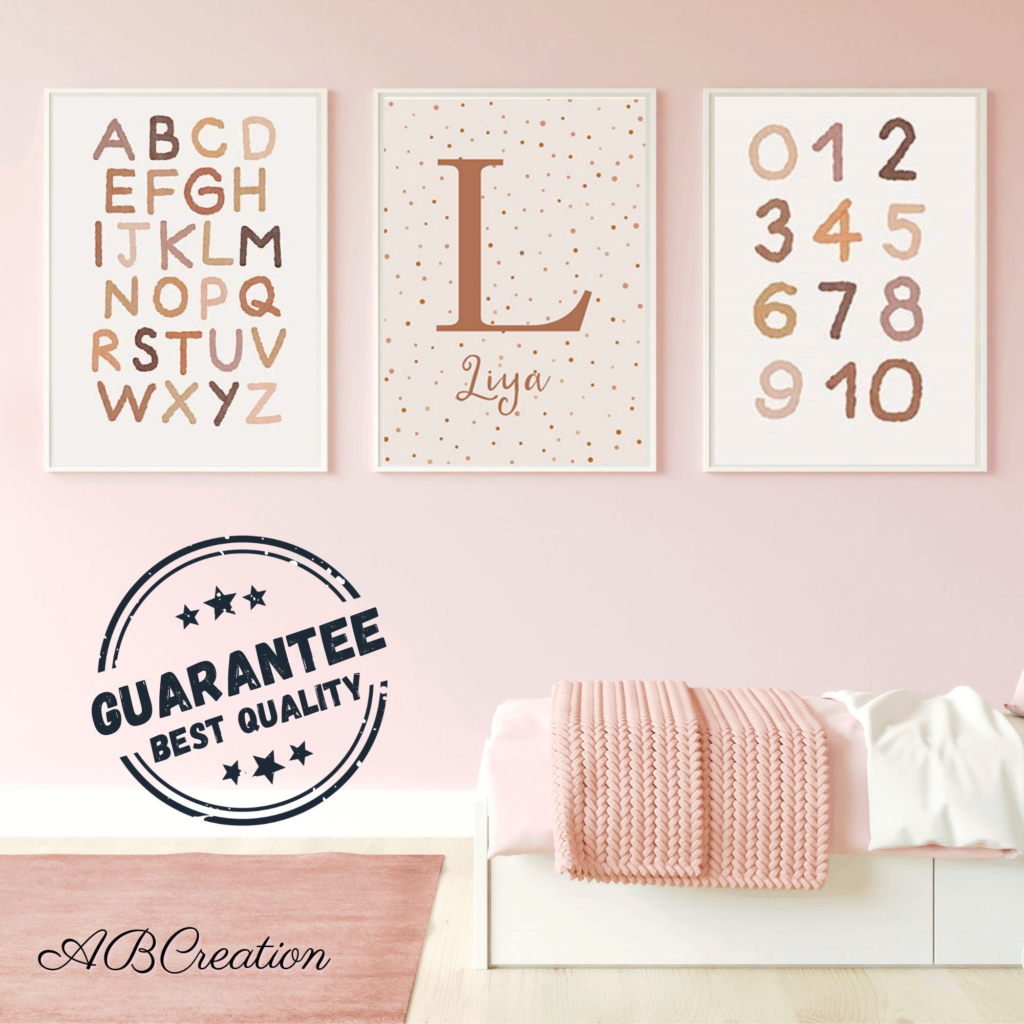 Set 3 Affiches Personnalisées Abécédaire Toile Imprimée Style Boho Terracotta Décoration Chambre Béb