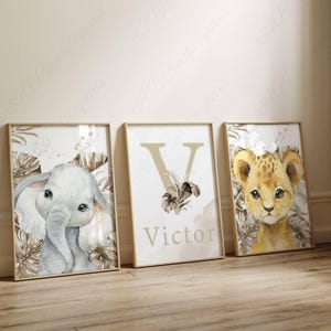 Póster de animales de la sabana para habitación infantil - Decoración de habitación mixta - Regalo de nacimiento personalizado con nombre