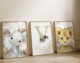 Savannah Animals Children&#39;s Room Poster - Mixed Room Decoration - Personalized Birth Gift with First Name