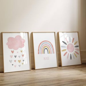 Set of 3 Personalized Birth Posters Boho Style Baby Room Decoration Triptych Rainbow Cloud Terracotta Pink - First Name and Initial