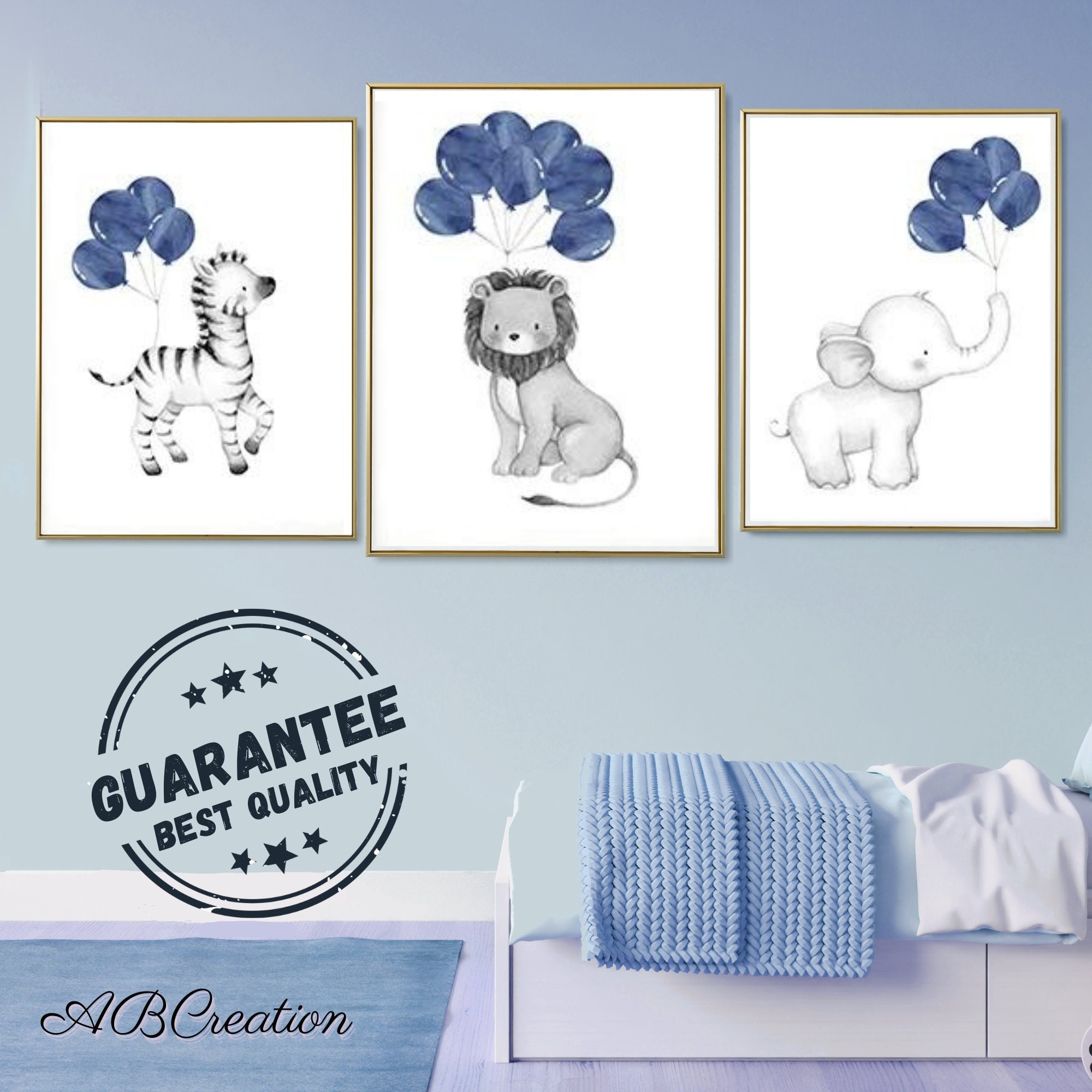 Set 3 Affiches Animaux Savane Crayon Ballons Bleu -Décoration Chambre Garçon -Cadeau de Naissance Bé