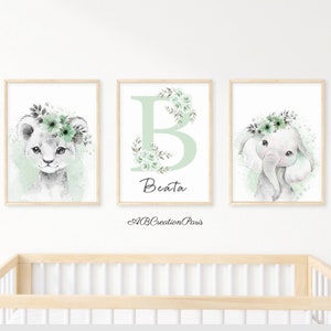 Mint Green Children's Room Decoration - Set of 3 Personalized Posters with First Name - Birth Gift - Savanna Animals Triptych