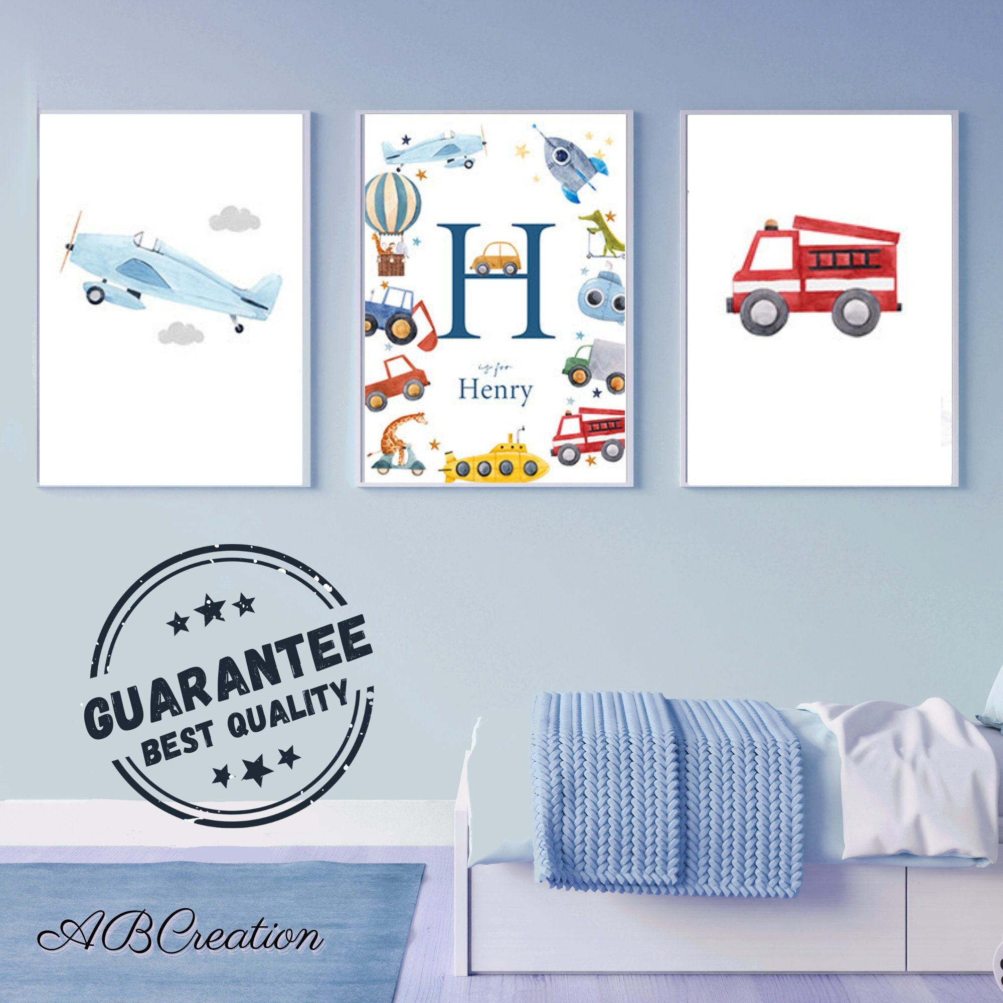 Set 3 Affiches Personnalisée Avion Voiture Camion - Décoration Chambre Enfant Cadeau de Naissance Bé