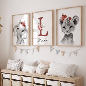 Set of 3 Personalized Jungle Canvases - Birth Gift Poster - Wall Art Baby Room Decoration - Lion and Elephant Children's Poster