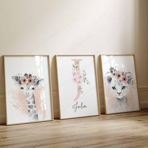 Set of 3 Personalized Posters - Birth Gift - Baby Room Decoration - Beige Floral Initial - Savannah Animals Triptych