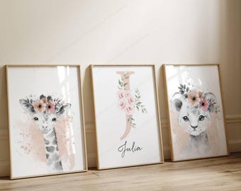 Set of 3 Personalized Posters - Birth Gift - Baby Room Decoration - Beige Floral Initial - Savannah Animals Triptych