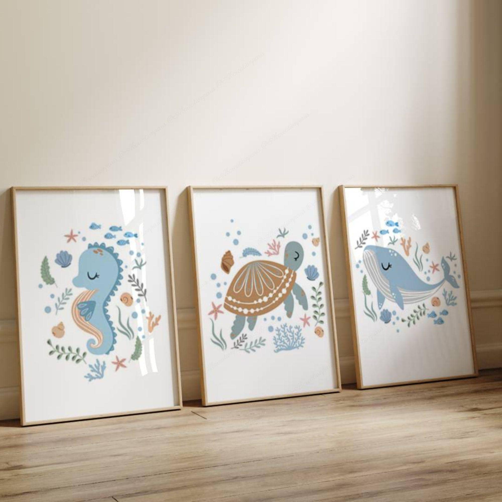 Children's Bedroom Wall Decoration - Marine Animals Theme - Set of 3 Whale Posters - Birth Gift - Sea Animals Triptych