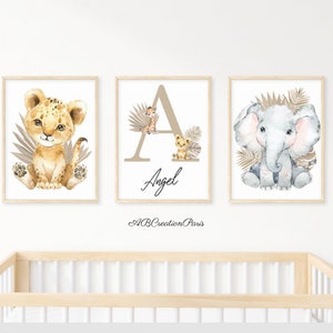 Lote 3 Lienzos de Pared con Nombre Personalizado - Decoración de la Habitación de la Sabana - Póster Infantil León y Elefante - Animales de la Sabana