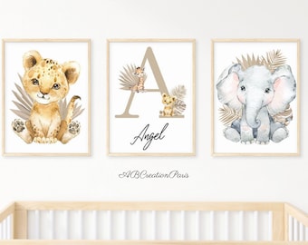 Los 3 Wandleinwände mit personalisiertem Vornamen – Raumdekoration Savanne – Poster Löwe und Elefant Kind – Savannentiere