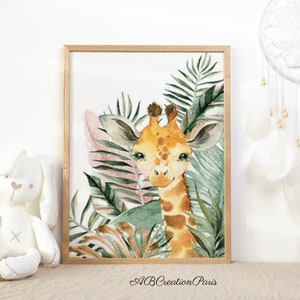 Affiche girafe avec feuillage dore