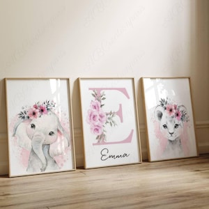 Set of 3 Personalized Posters - Birth Gift - Baby Room Decoration - Girl's Floral Initial - Savannah Animals Triptych