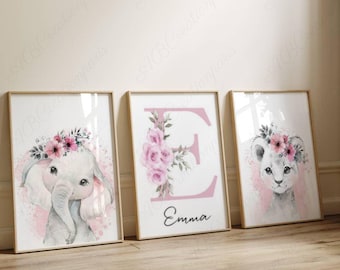 Set of 3 Personalized Posters - Birth Gift - Baby Room Decoration - Girl&#39;s Floral Initial - Savannah Animals Triptych