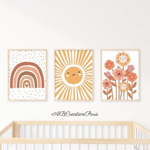 Set of 3 Boho Style Posters - Terracotta Children's Room Decoration, Rainbow Birth Poster - Rainbow Sun Cloud and Flowers