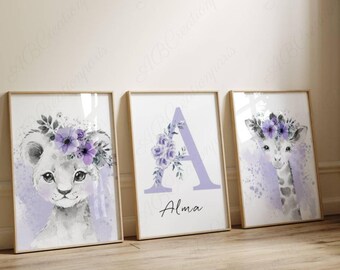Set of 3 Personalized Posters - Birth Gift - Baby Room Decoration - Purple Floral Initial - Savannah Animals Triptych