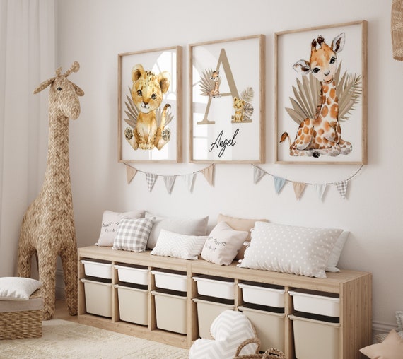 Décoration Chambre Bébé Et Enfant Savane Dorée Affiches Avec Prénom  Personnalisé, Animaux et Feuillage en Or Ideal pour Chambre mixte -   France