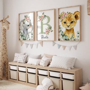 Set of 3 Personalized Posters - Birth Gift - Baby Room Decoration - Lion Giraffe Elephant Zebra Flower Crown Pattern Floral Green
