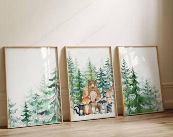 3 Forest Animal Posters - Children's Room Decoration - Forest Bedroom Wall Canvas - Poster with Animals - Fox Poster