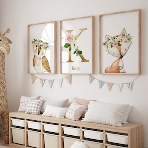 Set 3 Pósters de Animales del Bosque con Nombre Personalizado - Decoración Habitación Bebé - Inicial Flor Dorada Niña - Póster Habitación Infantil
