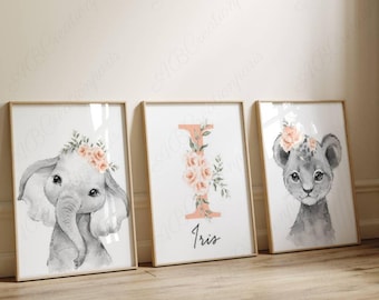 Set of 3 Personalized Posters - Birth Gift - Baby Room Decoration - Lion Giraffe Elephant Zebra Floral Flower Crown Pattern