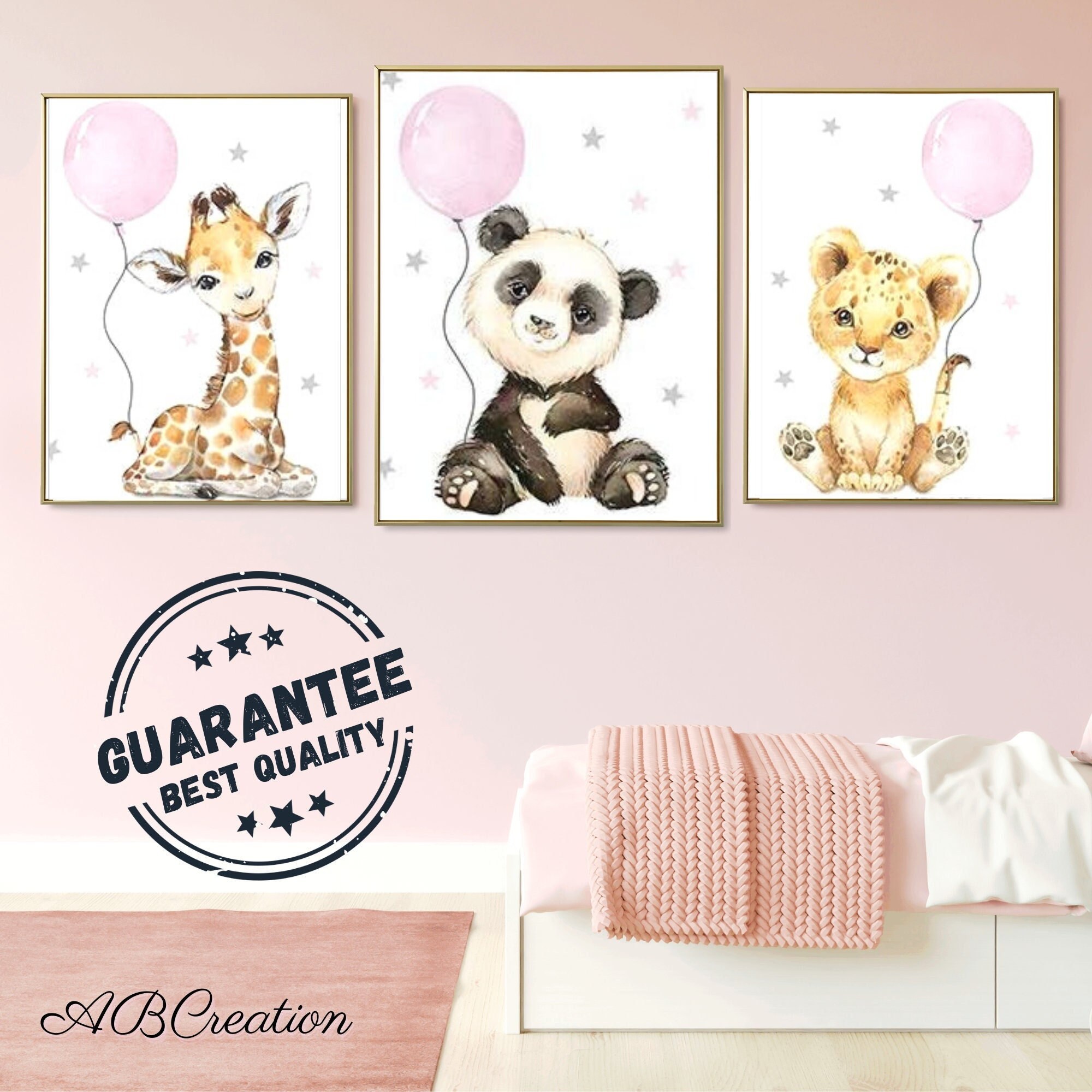 Affiche Bebe Animaux Ballon Rose - Décoration Chambre Enfant Fille Triptyque de La Savane Girafe Lio